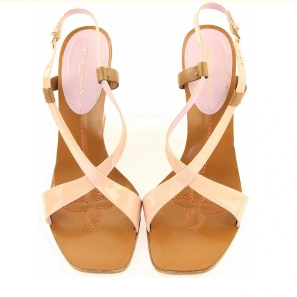 Louis Vuitton Pink and Brown Patent Leather Wedge Sandals